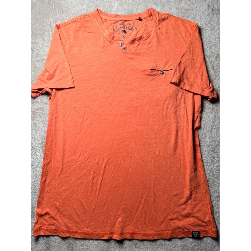 Copper & Oak Mens Orange Slub Cotton Henley Short Sleeve Shirt Large Cabincore